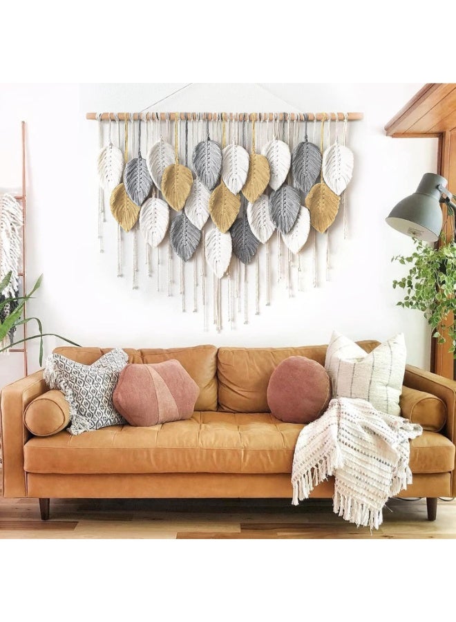 Macrame Boho Tapestry Wall Decor - Leaf Feather Design, Chic Woven Art for Bedroom & Living Room, Beige, Grey, Yellow, 100 - Image 5